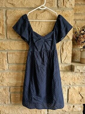 Boho Casual Off-Shoulder Navy Midi Dress with Eyelet Detail